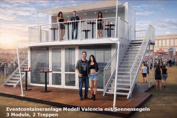 Das Modell „Valencia“ ist die ideale, nüchterne Eventcontainer-Anlage für Festivals & Outdoor-Events. 3 Module, 2-geschossig, klimatisiert & verglast. VIP-Dachterrasse mit Sonnensegel. Jetzt Details ansehen!